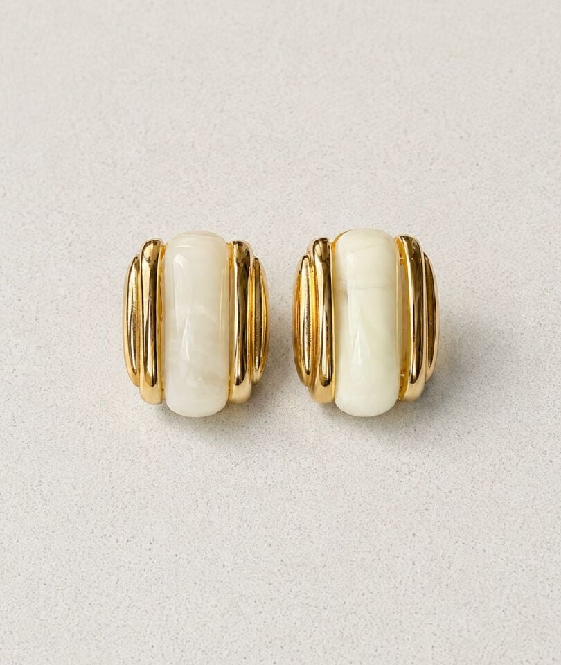 Vintage Krem Mine Detaylı Gold Küpe