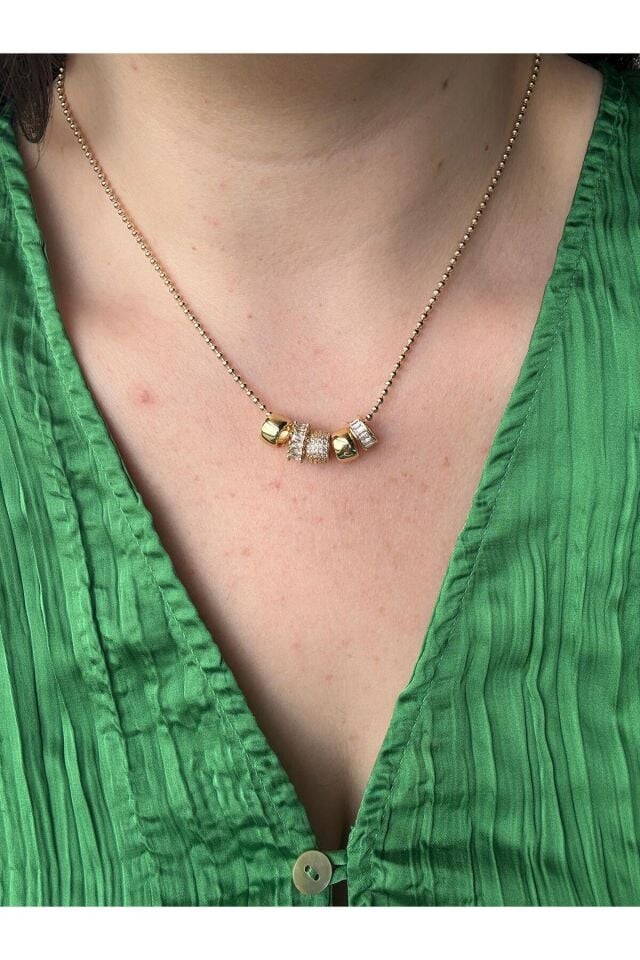 Gold Taşlı Charm Kolye (çelik zincir)