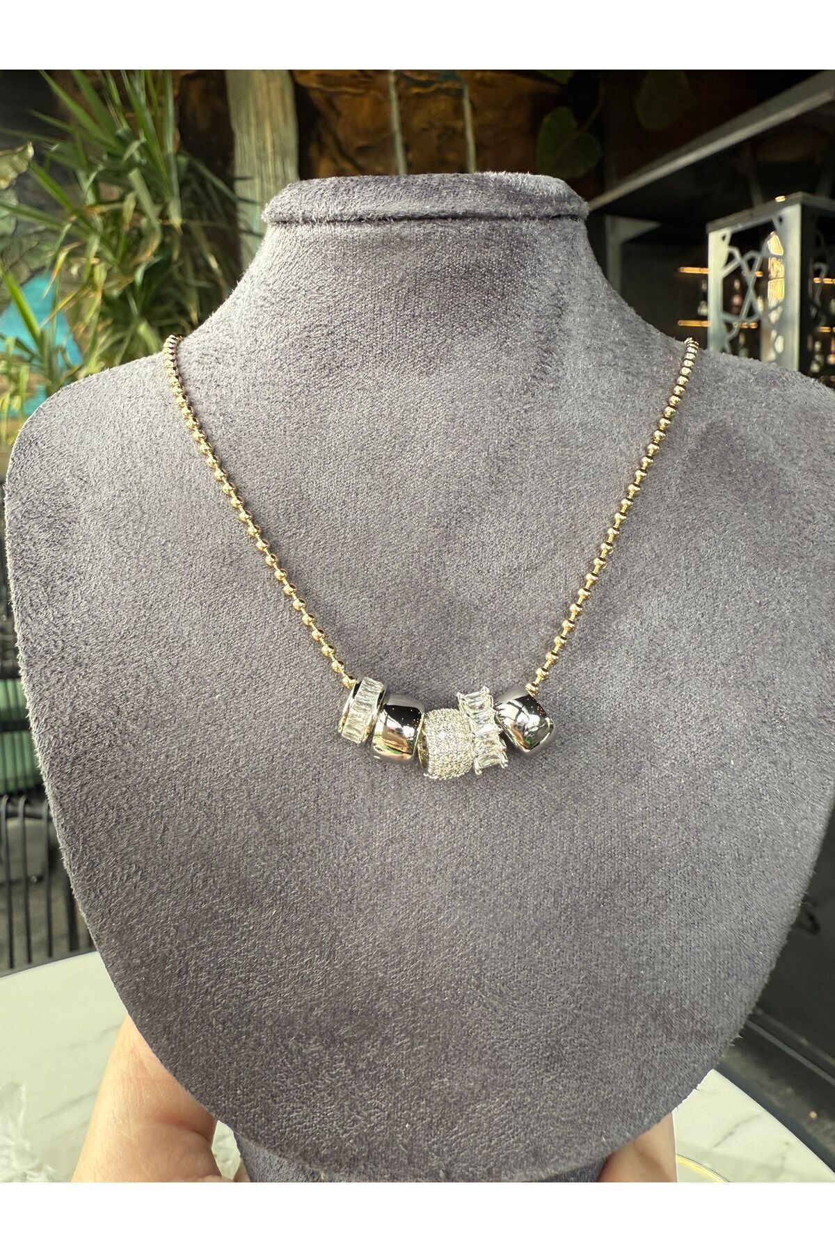 Gold Silver Taşlı Charm Kolye (çelik zincir)