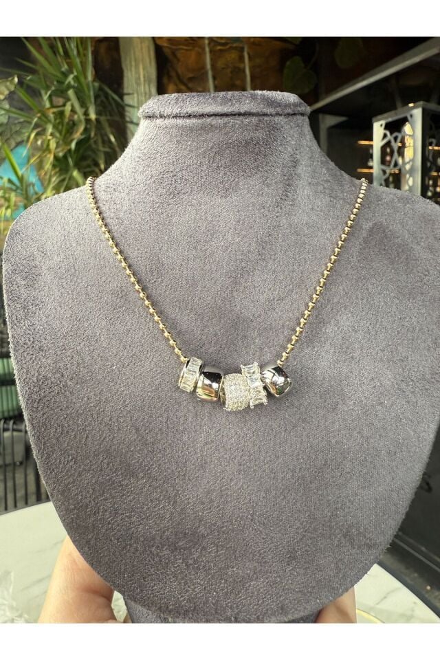 Gold Silver Taşlı Charm Kolye (çelik zincir)