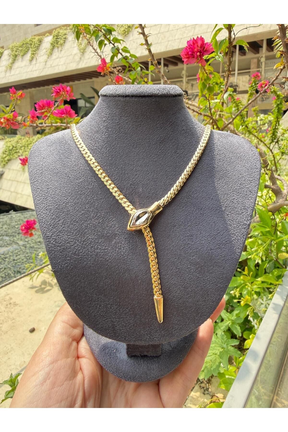Gold Y Model Yılan Kolye-Ayarlanabilir Uç Detaylı